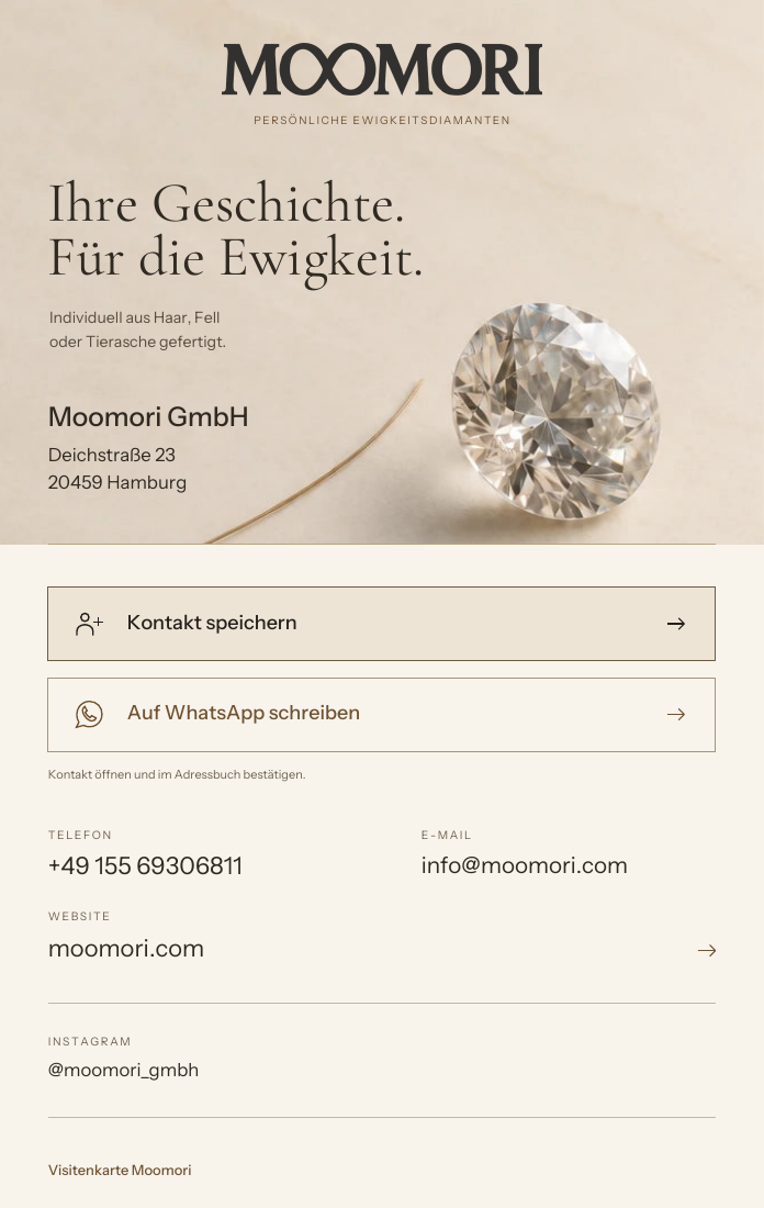 Die gestaltete Moomori-Visitenkarte mit Kontaktmöglichkeiten